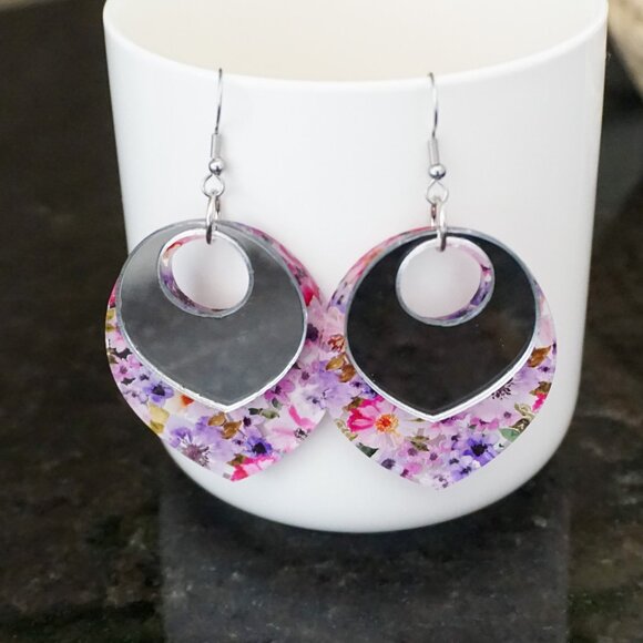 Layered Floral Acrylic Earrings – Mirrored Top Dangle Earrings – Statement - Picture 5 of 11